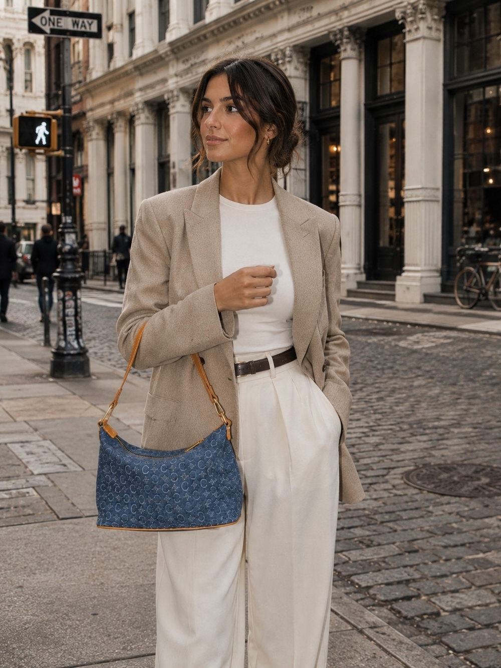 Vintage Celine Blue Suede C Macadam Shoulder Bag Tan Leather Gold Hardware